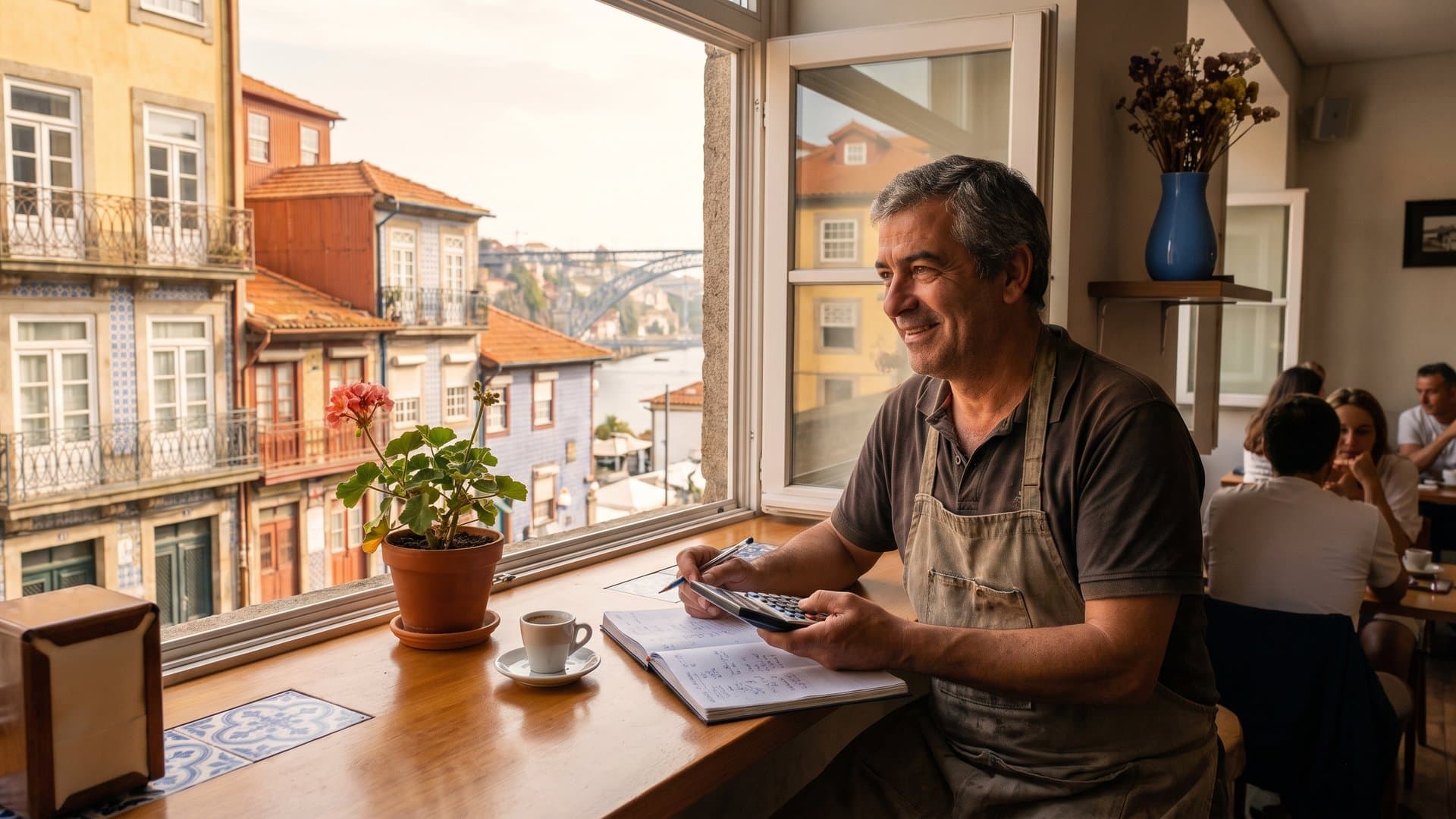 O dono de um restaurante faz contas ao balcão numa tarde calma