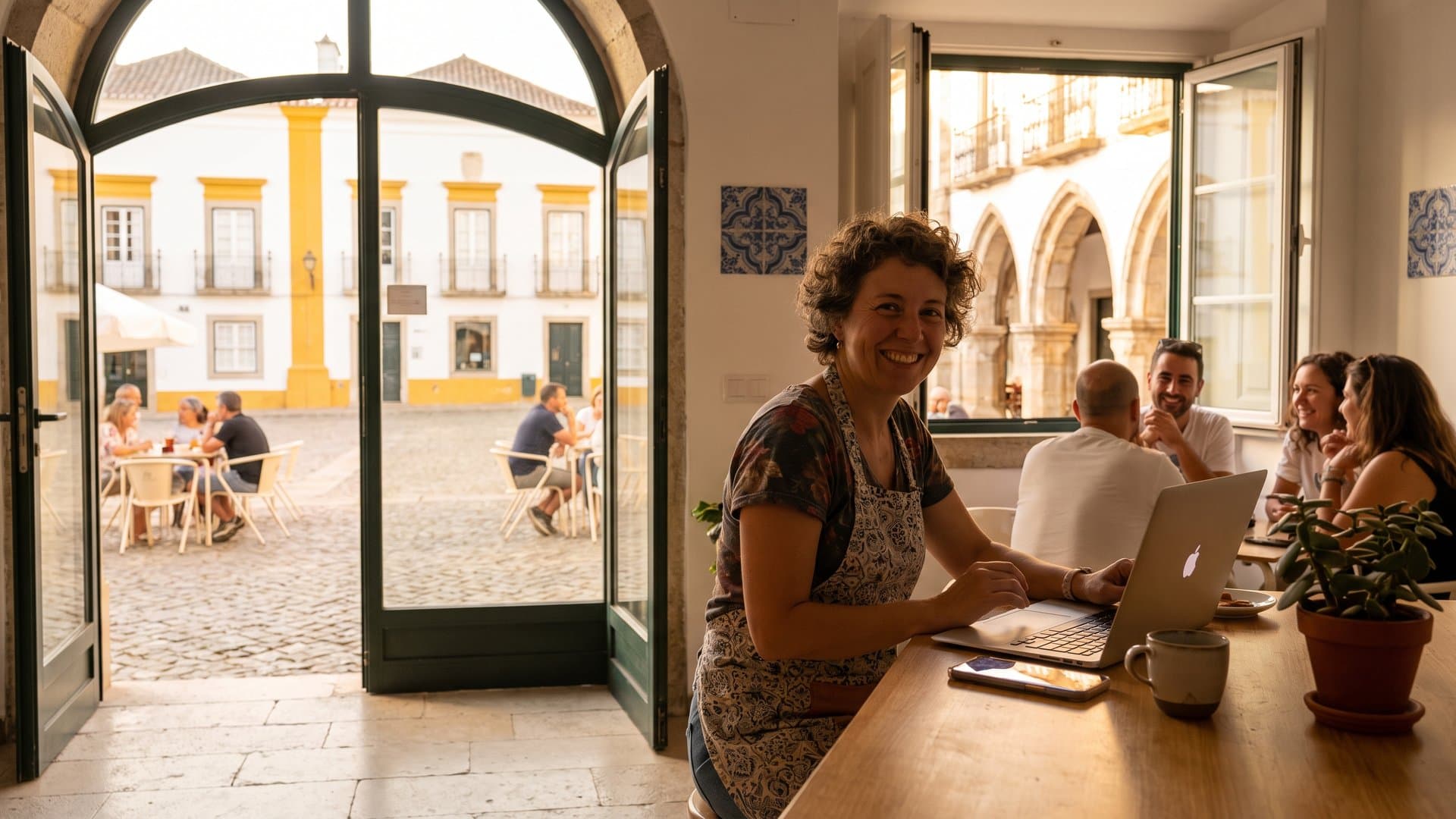 A dona de um café configura o portátil enquanto o telemóvel se acende