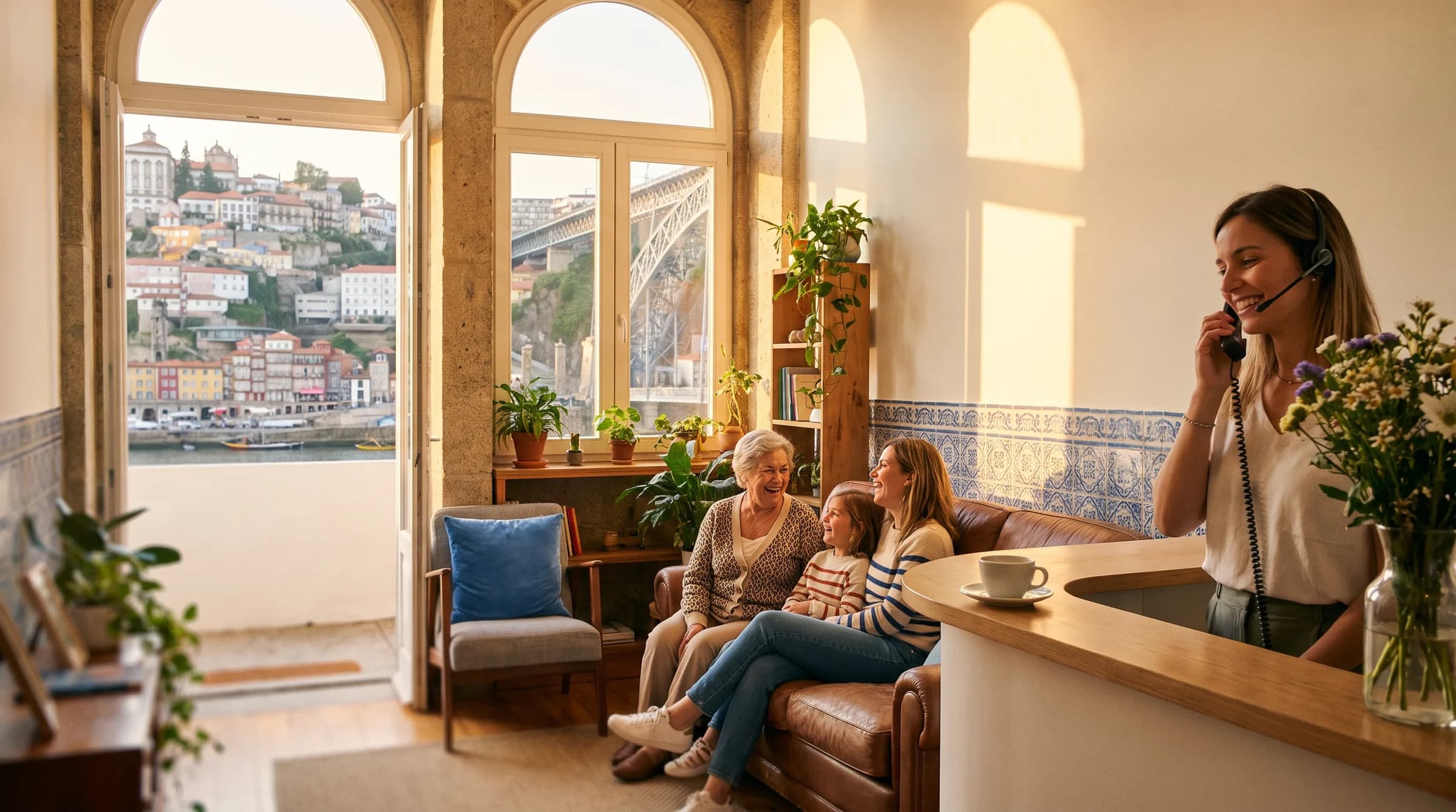 Uma rececionista sorri ao telefone na receção de uma clínica no Porto; à janela, as casas coloridas da Ribeira e a ponte D. Luís I