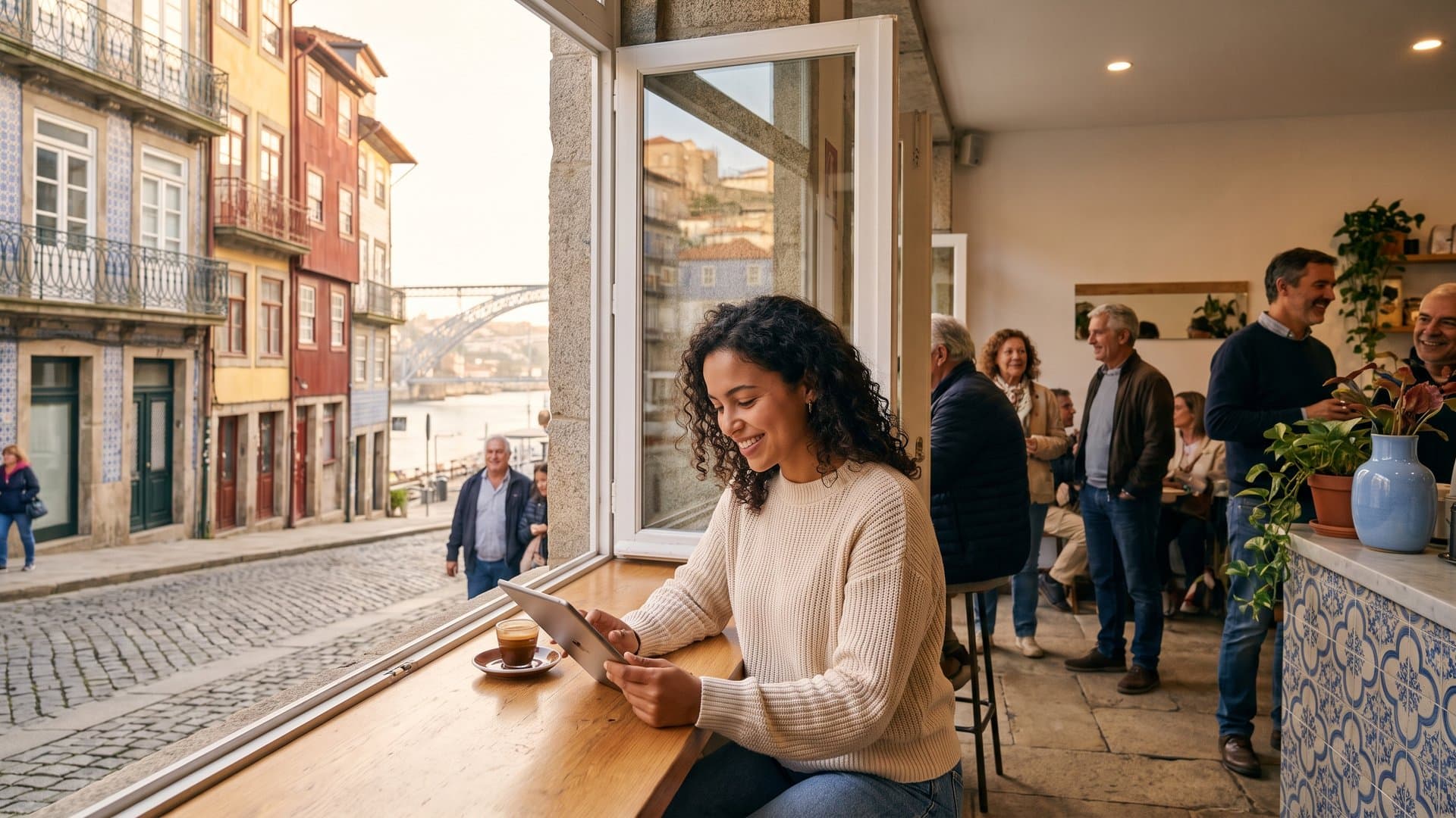Uma mulher lê um artigo no tablet num café acolhedor